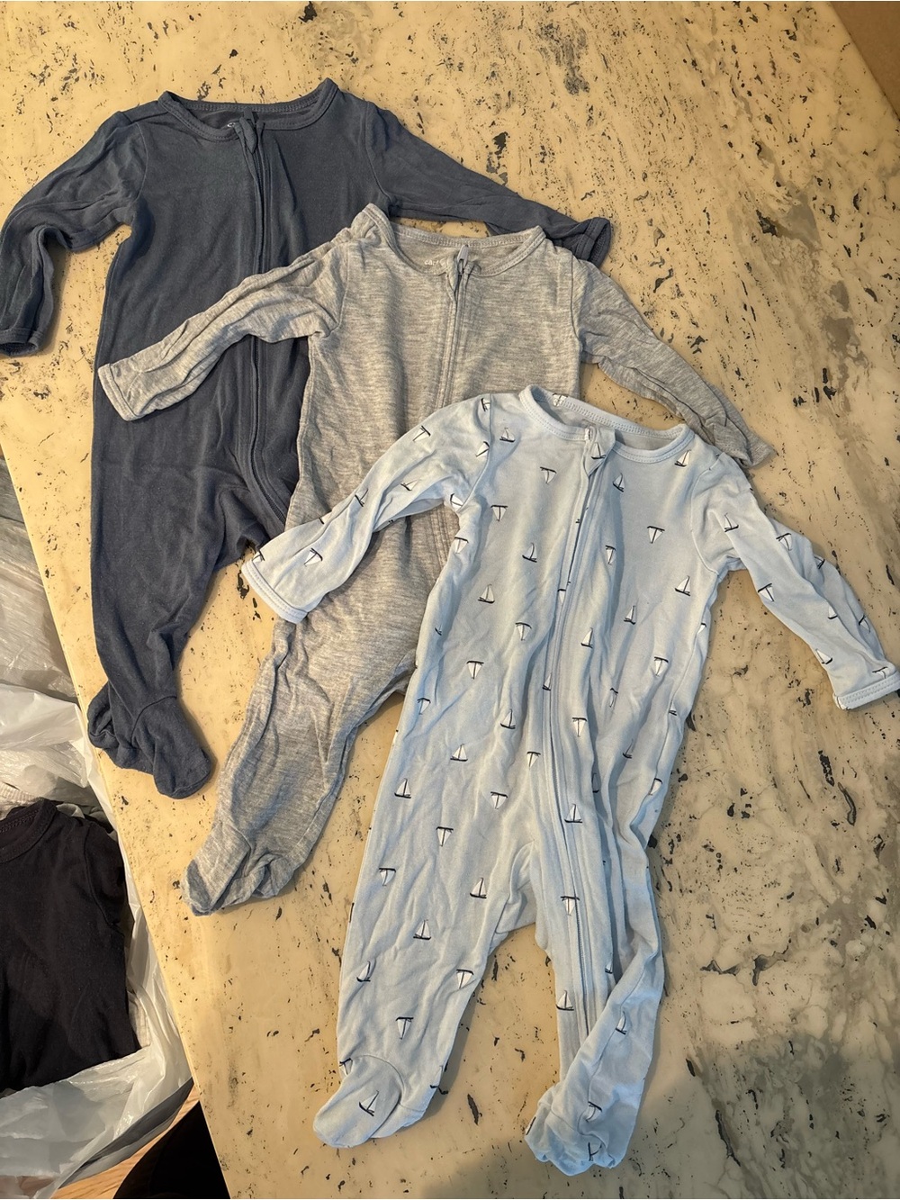 Carter's Solid Navy, Heather Gray & Light Blue Sailboat Footed One-Pieces